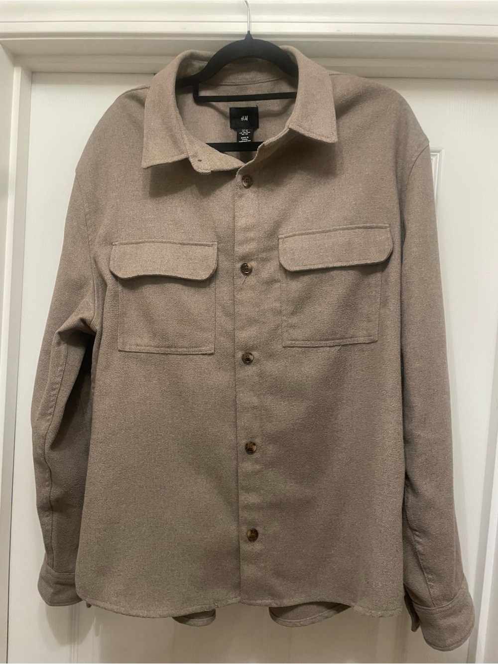 H&M Men's Neutral Taupe Button-Up Shacket cotton blend shirt jacket workwear